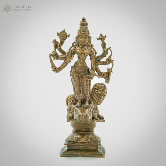 Durga with lion 6" | Antique finish | Handmade | Madhuchista-Vidhana (Lost-Wax casting) | Panchaloha Bronze from Swamimalai