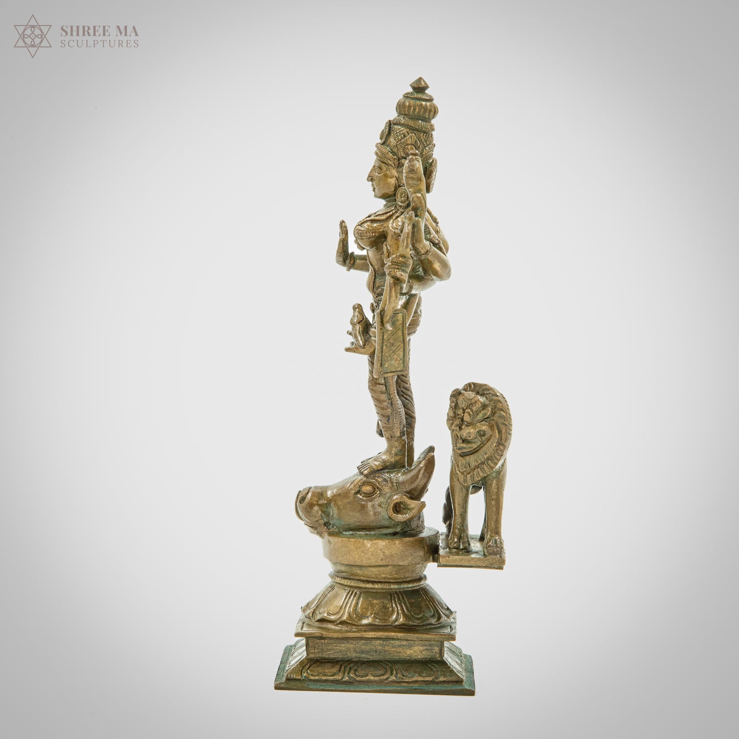 Durga with lion 6" | Antique finish | Handmade | Madhuchista-Vidhana (Lost-Wax casting) | Panchaloha Bronze from Swamimalai