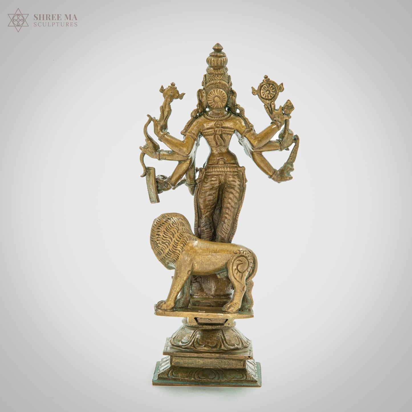 Durga with lion 6" | Antique finish | Handmade | Madhuchista-Vidhana (Lost-Wax casting) | Panchaloha Bronze from Swamimalai