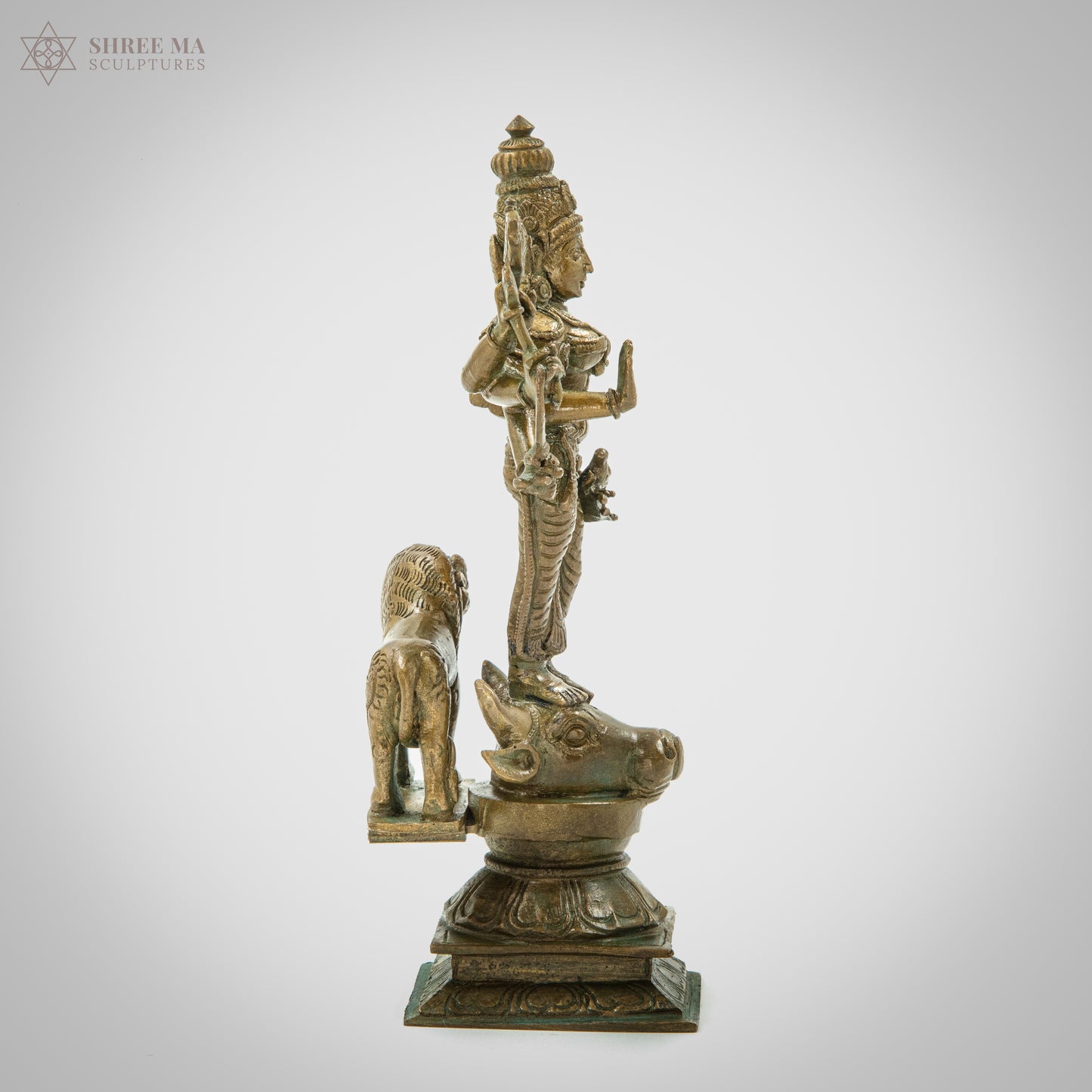 Durga with lion 6" | Antique finish | Handmade | Madhuchista-Vidhana (Lost-Wax casting) | Panchaloha Bronze from Swamimalai