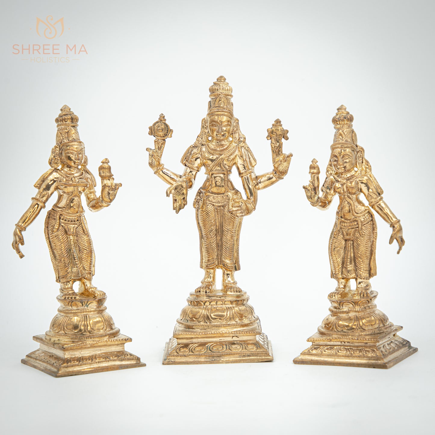 Vishnu with Sridevi and Bhudevi 7" | Handmade | Madhuchista-Vidhana (Lost-Wax casting) | Panchaloha Bronze from Swamimalai