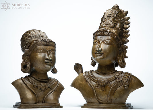 Shiva and Parvati Busts – 11" & 8" Chola-Style Panchaloha Bronze Sculptures | Antique Finish | Handmade Masterpieces