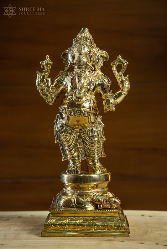 Standing Ganesha 13-Inch Panchaloha Bronze Idol – Handmade Natural-Finish Sculpture